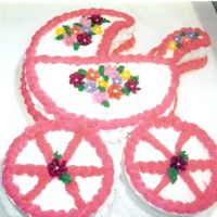 Baby Carriage This idea came from an article in the Mailbox News. It is made from a 10 inch and two 6 inch cakes. Covered in buttercream basketweave.