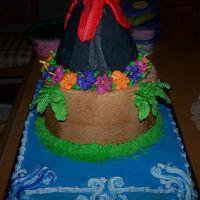 100_5516.jpg Cake for church Luau party. Sheet cake on bottom w/ 8 and 6 inch rounds. Sheet cake was banana w/ banana cream filling, middle layer was a...