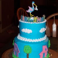 Sister's Baby Shower Cake All BC, used design from Wilton Yearbook 93. Bottom tier is chocolate and top is white vanilla. My first tiered cake...well my first real...
