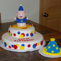 First Birthday This cake was for my nephew's first birthday. A 12 and an 8 round covered with fondant. The little boy is two, 2 1/2 round cake tier...