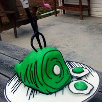 Green Eggs And Ham This is a very dense pound cake carved into a ham shape. It is covered in green fondant and the black "etchings" are royal icing...