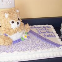 Teddy On Blanket This is a 1/2 sheet cake cake with a sota design to resemble a blanket. On top is a stand-up bear with peanut butter icing for "fur&...