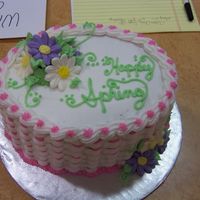 Happy Spring This is a 2 layer oval cake I did during a demo for Michaels. It is buttercream with a mixed tip basketweave. Just for fun