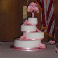 Offset Rounds 6, 8. 10, 12" rounds covered in fondant with pink ribbon. Piped cornelli lace on first and third tiers. Tiers are offset with silk...