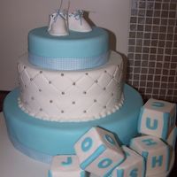 Boys Christening Made for a sweet little boy named Joshua. This cake was 3 different flavours and covered with fondant . Topped with booties (template taken...