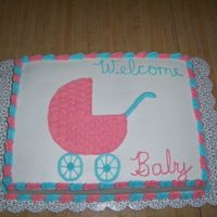 Baby Carriage On Sheet Cake 11x15 double layer yellow cake. Fillings were strawberry and chocolate. Vanilla icing. Pastel pink and blue decorations.