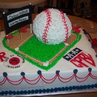 League Of Their Own Baseball Cake Buttercream, fondant (score board and uniform patches), Ball pan, brown sugar for the baseline.