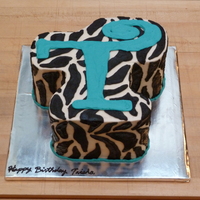 Zebra Print Monogram All frosting. Happy Birthday is chocolate.