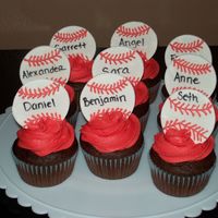 Baseball Cupcakes I made these for my nephew's "end of t-ball season" party! Chocolate cupcakes with BC icing and gumpaste baseballs. Go Red...