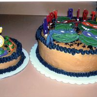 Teenage Mutant Ninja Turtle Turtles are done with royal icing. Iced with all buttercream with crumbled up cake on the top.