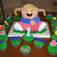 Having A Growth Spurt The little girl was made from the 3-D Teddy Bear pan. Everythingis buttercream and the decorations on the cupcakes are madefrom candy molds...