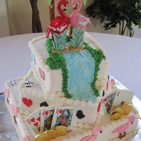 Las Vegas Wedding Cake done for couple who got married in Las Vegas at the Flamingo Hotel. Cake is iced in bc with fondant cards, flamingos, and palm trees....