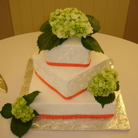 Fall Wedding Square wedding cake with b/c icing and grossgrain ribbon. Real hydrangeas on the top and corners. Cake flavors were yellow with orange...