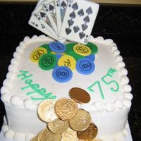 Poker Cake Edible image "glued" to white chocolate, fondant poker chips, chocolate coins and cigar