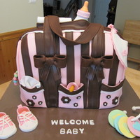 Diaper Bag Cake The diaper bag is made from three 10"x15" sheet cakes cut in half lengthwise and then stacked. A total of six 2" cakes. The...