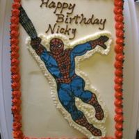 Spiderman Cake Chocolate cake, chocolate BC filling, chocolate BC icing on the sides, vanilla BC on top. FBCT Spiderman.