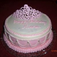Princess Birthday yellow cake, BC filling and icing. first try at RI tiara and practicing stringwork.