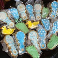 Baby Boy Shower Cookie Tray NFSC with rolled fondant, RI & colored sugar. Rattles, Ducks, Feet. My kids hid my new baby bottle cookie cutter so you do not see any...