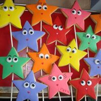 Dora Star Type Cookies On A Stick NFSC covered with fondant & all fondant little cut out details stuck on with RI. Eyelashes & eyebrows are drawn on slowly with a...