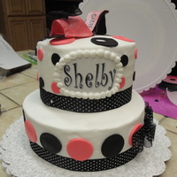 Polka Dot Bday Cake birthday cake covered in buttercream with fondant accents. Gumpaste shoe.
