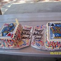 King Of Spade And Queen Of Diamonds Cake made for a 6 and 8 year old Birthday party. The theme was Royal Family. Covered with MMF and asst icings on top.