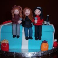 Tiffany Box Birthday Cake Zebra striped cake covered in fondant with fondant figures representing the birthday girl and her 2 sisters. Fondant wine glasses, wine...