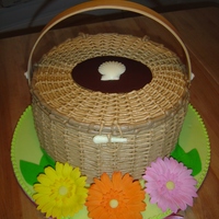 Nantucket Basket Cake Cake is piped in buttercream and flowers are gumpaste gerberas.