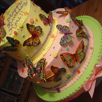 Butterfly Birthday Cake is finished in buttercream and butterflies are chocolate. I used the idea for the chocolate designs from "The Whimsical Bakehouse...