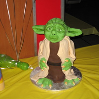 Yoda Vanilla cake w/ RI covered in fondant. Head arms and feet are RCT.