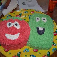 Bob And Larry Veggie Tales birthday! Bob was a 10 inch round 2 layer white cake and Larry was a single 13 X 9 shaved in areas. All butter cream