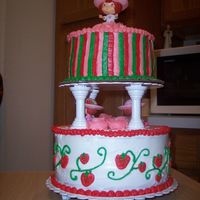 Strawberry Shortcake buttercream iced cake, vine work in green with tip#3, the strawberries were piped on using tip #7, i made heart shapes and then used tip#...