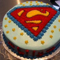 Superman Cake I used the piping gel techique to transfer the Superman logo onto the cake. Filled in with star tip.