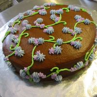 One Of My First Cakes Just one layer cake. Used the wilton class buttercream recipeand added cocoa to make chocolate. Simple lines and stars.