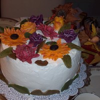 Flowers For Fall This cake is a round chocolate with whipped cream that is stabilized. The flowers are colored fondant tipped in silver