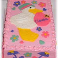 Stork Cake 9x13 double layer - triple chocolate fudge cake - raspberry filling- VBC icing- FBCT stork and flowers-