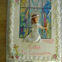 Katie's Communion BC with edible image, MMF flowers and girl.