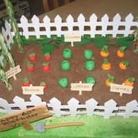 Img_0300.jpg veggie garden airbrushed green for grass, all fondant veggies except string beans and tomato plants, these are made of royal icing. Paper...