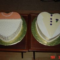 Bride Dress And Groom Tux Cake Bride cake is 10" choc heart with buttercrean frosting, groom cake is white cake, buttercream frosting and the tux is made out of...