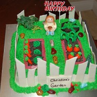 Christina's Birthday Cake I made this for a lady who just planted a garden. Vanilla cake with fondant decorations. The fence is fondant and gumpast mix. Thanks for...