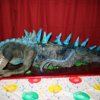 Dinosaur Cake Vinyl puppet head and front leg, body and tail is made of chocolate cake. Dinosaur back spikes are sugar ice cream cones, harry potter...