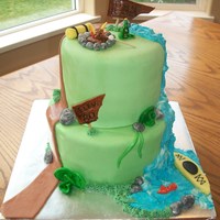 Camping And Hiking 80Th Bd Customer wanted the kayak, german beer bottles, campfire, hiking trail, his name and age all incorporated into the cake.