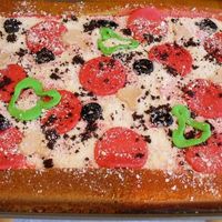 Pizza Half strawberry and half yellow cake. Strawberry puree with red colored icing. MMF toppings. The olives are MMF, but I used the red MMF and...