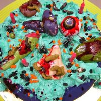 Halloweenhorriblestew Its a pot of Halloween Stew that comprises of horrific looking finger, a nose where maggots are crawling out, vampire tougue, ghost eye cat...