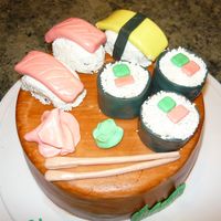 Sushi Cake! DH birthday cake. choc. fudge cake w/ cookies and cream filling, covered in buttercream and mmf. sushi was cupcakes covered in mmf. thanks...