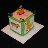 Animal Cake Chocolate cake with black cherry filling. Fondant needlepoint sides, with a different animal on each side. Rice paper butterflies.