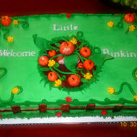 Welcome Lil Punkin 12x18 sheet. Pumpkin spice cake with cream cheese filling. Baby, pumpkins and fence are fondant