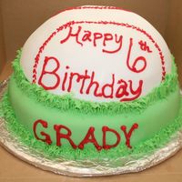 Birthday Baseball Cake I used the Soccer ball pan and the bottom cake is a 10'' round. The icing is fondant and the stitching and grass boarder are...