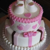 Pink Baby Shower 2nd decorated cake- 6", 8" dummy. Gumpaste/fondant baby booties. Other accents are fondant. Thanks for looking!