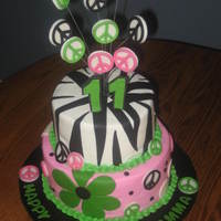 Zebra And Peace BC w/ fondant accents. Done for a girl who wanted zebra print and peace signs.
