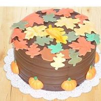 Thanksgiving Cake Choc. cake with Choc. frosting. Satin Ice leaves and acorns on top of cake. Choc. pumpkins on bottom of cake.